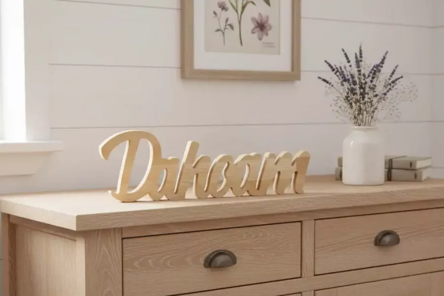 Holz-Schriftzug Dahoam im gemütlichen Wohnzimmer