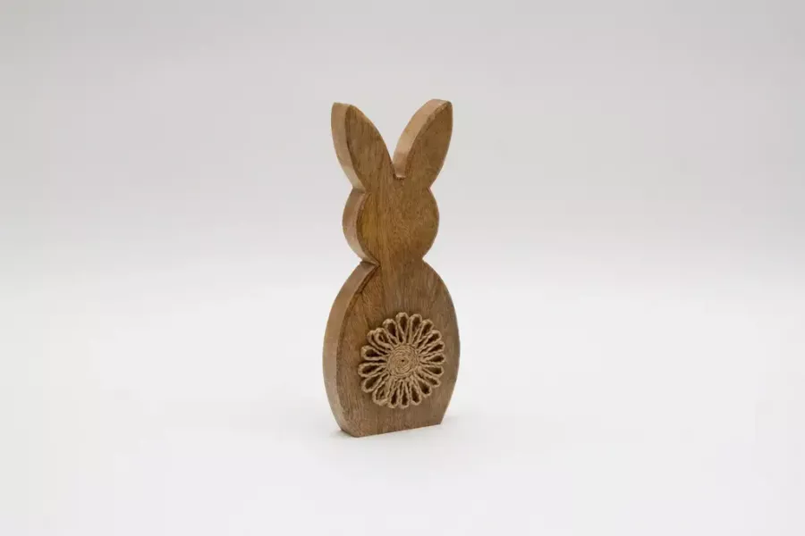 Preview: Hase groß Mangoholz Dekofigur mit Juteblume für Frühling Wohnzimmer