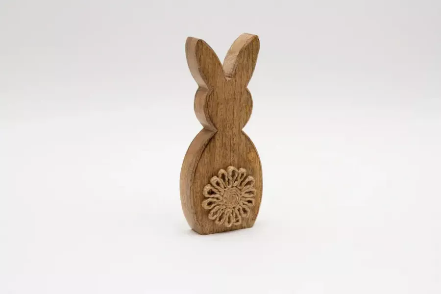 Preview: Mangoholz Hase mit Blume natürliche Frühlingsdeko für Fensterbank Regal
