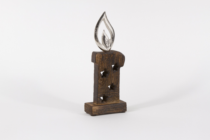 Kerze aus Holz braun mit Flamme aus Metall 26cm