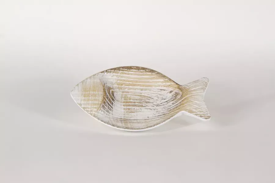Preview: Weißer Teller aus Holz in Fischform – maritime Deko und Servierteller