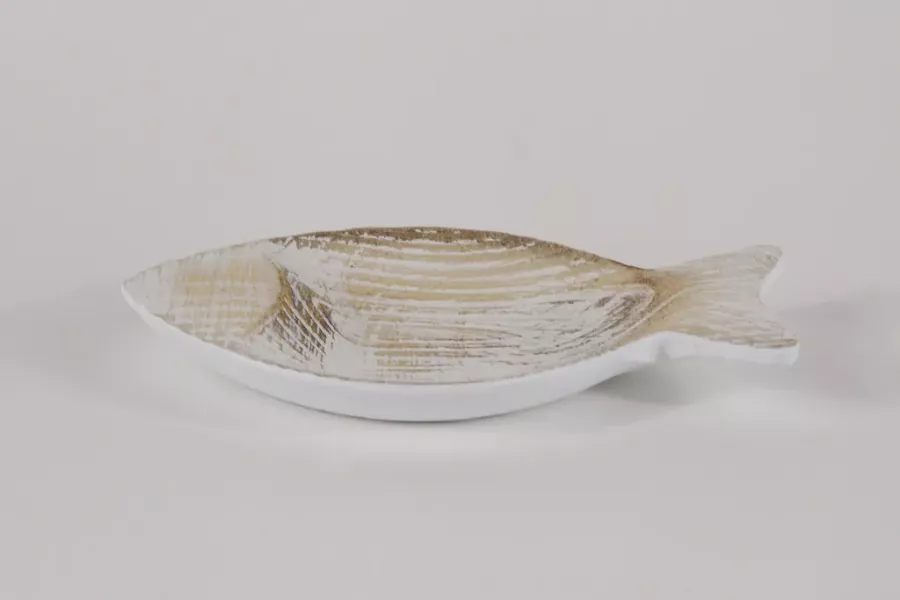 Preview: Weißer Teller aus Holz in Fischform – maritime Deko und Servierteller