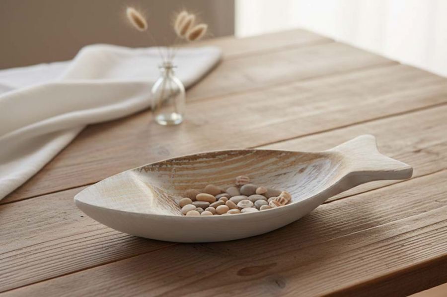 Preview: Weißer Teller aus Holz in Fischform – maritime Deko und Servierteller