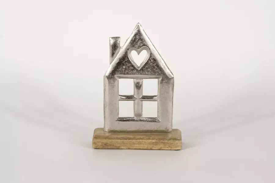Preview: Haus aus Metall auf Mangoholz-Sockel – Zeitlose Tischdeko