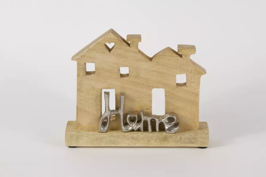 Preview: Haus aus Mangoholz mit Metall-Schriftzug „HOME“ – Zeitlose Deko für dein Zuhause
