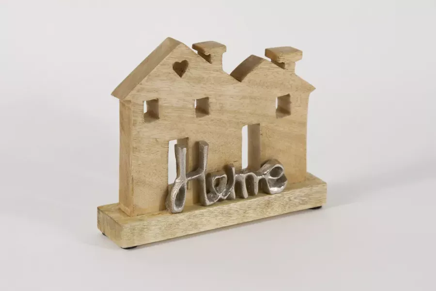 Preview: Minimalistischer Deko-Aufsteller „Haus HOME“ – Mangoholz & Metall – 15 x 20 cm