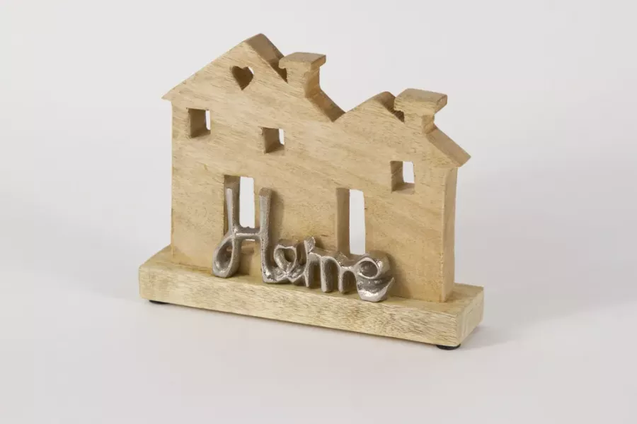 Preview: Dekorativer Aufsteller „Haus HOME“ aus Mangoholz mit Metall-Schriftzug – Perfekt für Regale oder Tische