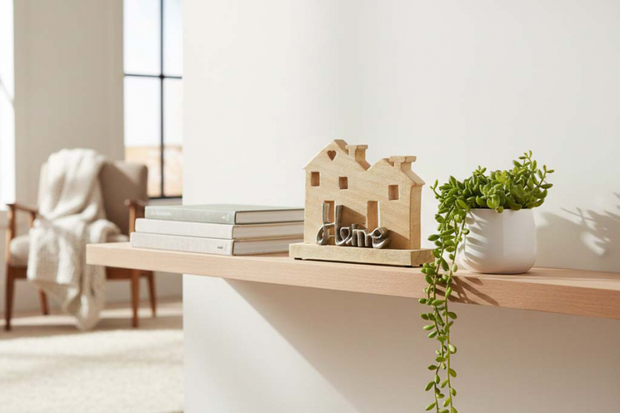 Preview: Minimalistischer Deko-Aufsteller „Haus HOME“ – Mangoholz & Metall – 15 x 20 cm