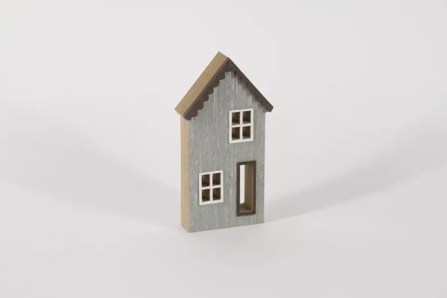 Preview: Hellgraues MDF Holzhaus 15 cm – ideal für Regal oder Fensterbank