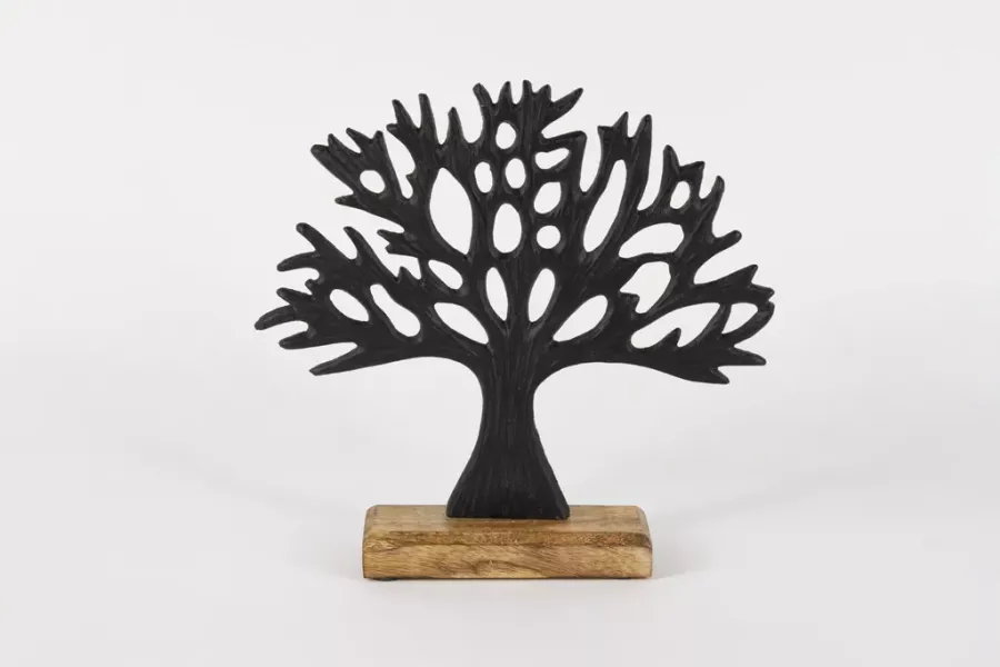 Preview: Schwarzer Metallbaum auf Holzsockel – elegante Frühlingsdeko für Ihr Zuhause.