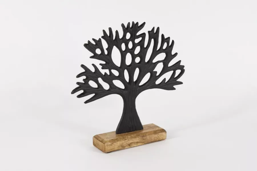 Preview: Dekorativer Baum aus schwarzem Metall auf Holzsockel – perfekte Tischdeko für Frühling & Sommer.
