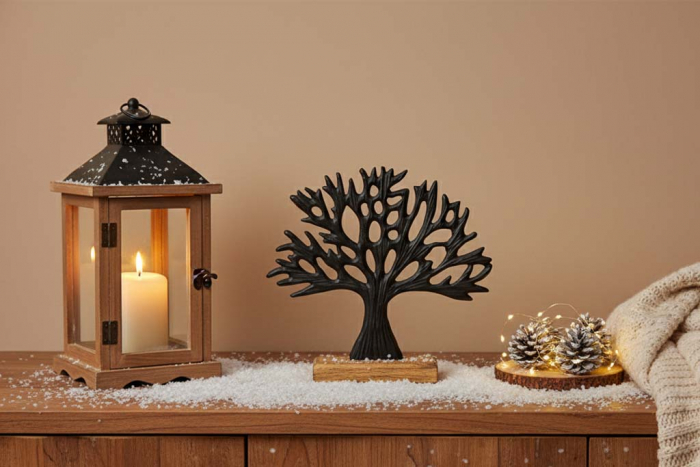 Schwarzer Metallbaum auf Holzsockel – elegante Frühlingsdeko für Ihr Zuhause.
