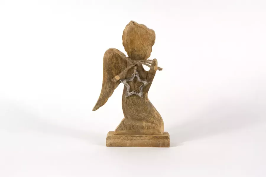 Preview: Engel aus Mangoholz mit Metallstern – elegante Weihnachtsdekoration