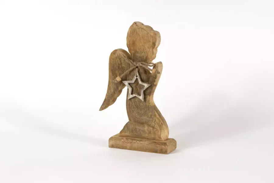 Preview: Weihnachtsdeko Engel aus Mangoholz mit Metallstern – perfekte Deko für Ihr Zuhause