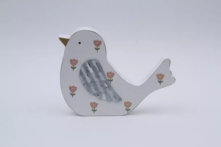 Preview: Weißer Vogel aus Holz mit Blumenmuster – romantische Dekofigur für Ihr Zuhause.