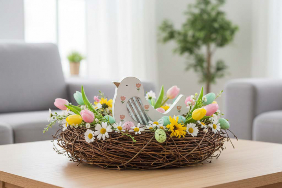 Preview: Dekorativer Vogel aus MDF in Weiß mit Blumenaufdruck – perfekte Tischdeko für Frühling & Sommer.