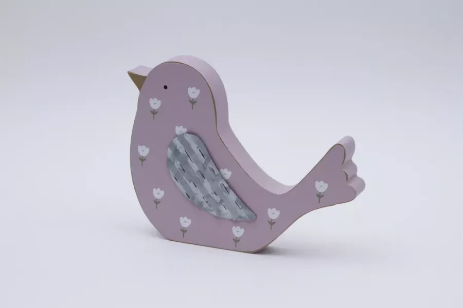 Preview: Handgefertigter Holzvogel in Rosa mit Blumenmuster – ideale Geschenkidee für Frühlingsfreunde.