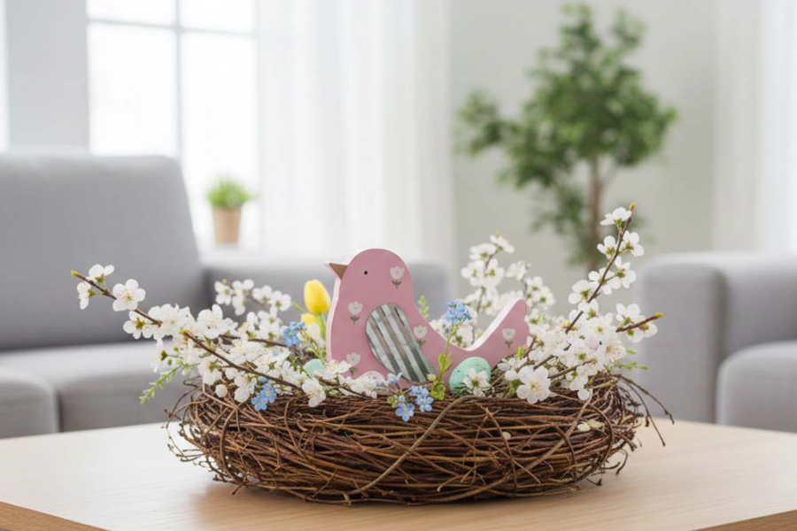 Preview: Dekorativer Vogel aus MDF in Rosa mit Blumenaufdruck – perfekte Tischdeko für Frühling & Sommer.