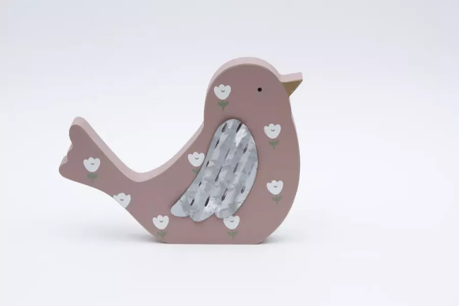 Preview: Beiger Vogel aus Holz mit Blumenmuster – romantische Dekofigur für Ihr Zuhause.