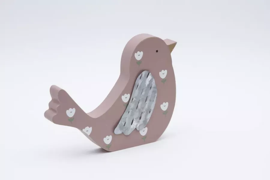 Preview: Handgefertigter Holzvogel in Beige mit Blumenmuster – ideale Geschenkidee für Frühlingsfreunde.