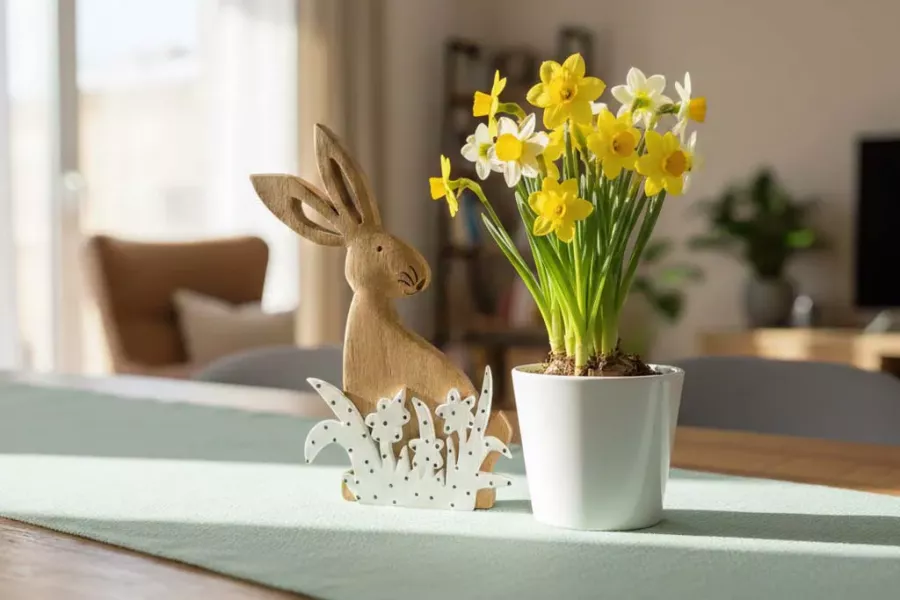 Holz Hase mit Blumen Mangoholz Dekoratives Wohnaccessoire bestellen