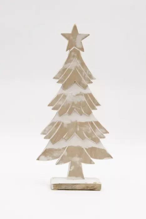 Preview: Tannenbaum aus Mangoholz natur-weiß – 42 cm hohe Weihnachtsdeko im Shabby Chic Stil