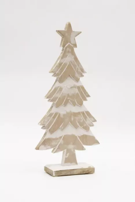 Preview: Rustikaler Tannenbaum aus Mangoholz – 42 cm hohe Dekofigur in natur-weißer Optik für festliche Atmosphäre
