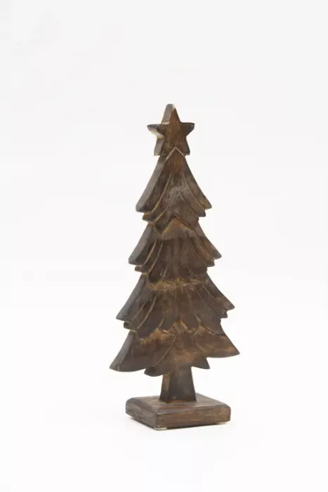 Preview: Rustikaler Tannenbaum aus Mangoholz – 32 cm hohe Dekofigur für Tisch, Fensterbank oder Regal