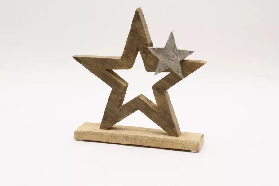 Preview: Vielseitiger Stern aus Mangoholz mit Metallstern – 24 cm hohe Dekoration für Tisch, Fensterbank oder als Geschenk