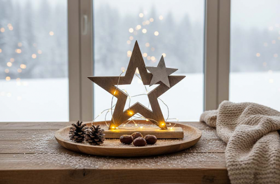 Preview: Stern aus Mangoholz mit Metallstern – 24 cm hohe Weihnachtsdeko für festliche Atmosphäre