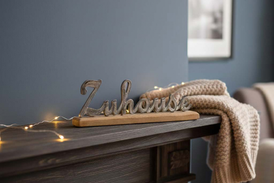 Eleganter Metall Schriftzug Zuhause als Tischdekoration