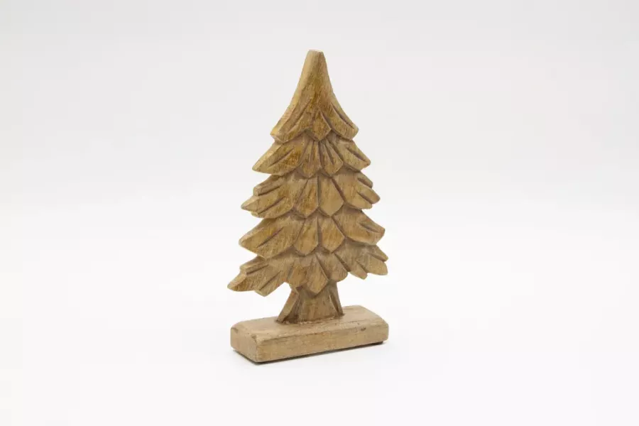 Preview: Rustikaler Tannenbaum aus Mangoholz – 27 cm hohe Dekofigur für Tisch, Fensterbank oder Regal