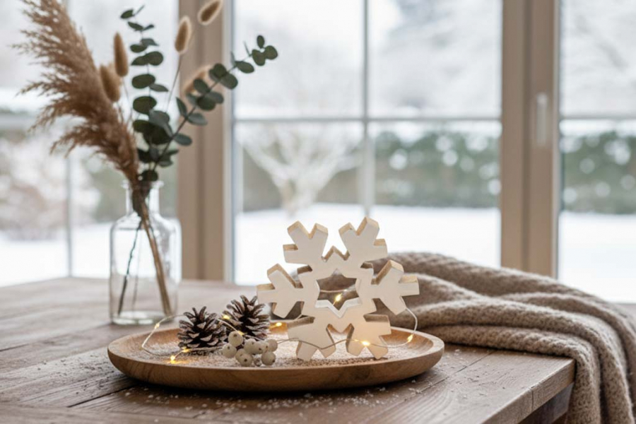 Preview: Schneeflocke aus Mangoholz in Weiß – winterliche Deko für Ihr Zuhause.