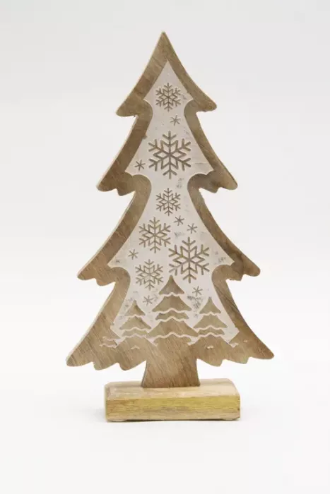 Preview: Tannenbaum aus Mangoholz mit Schneeflocken-Gravur – festliche Weihnachtsdekoration