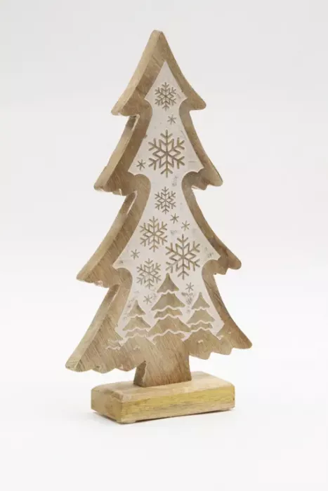 Preview: Tannenbaum aus Mangoholz mit Schneeflocken – handgefertigte Deko