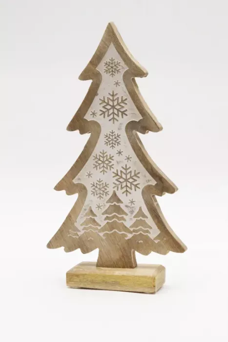 Preview: Tannenbaum aus Mangoholz mit Schneeflocken – dekorative Weihnachtsdeko für Zuhause