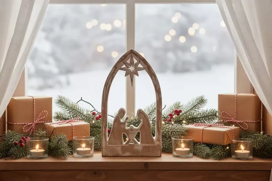 Rustikale Krippenszene aus Mangoholz in Shabby-Optik für stilvolle Tischdeko