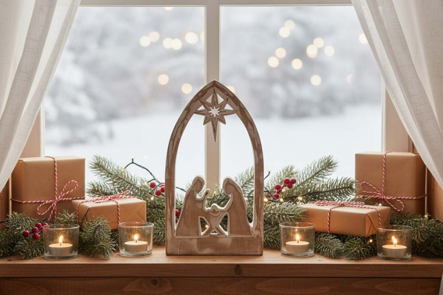 Preview: Rustikale Krippenszene aus Mangoholz in Shabby-Optik für stilvolle Tischdeko