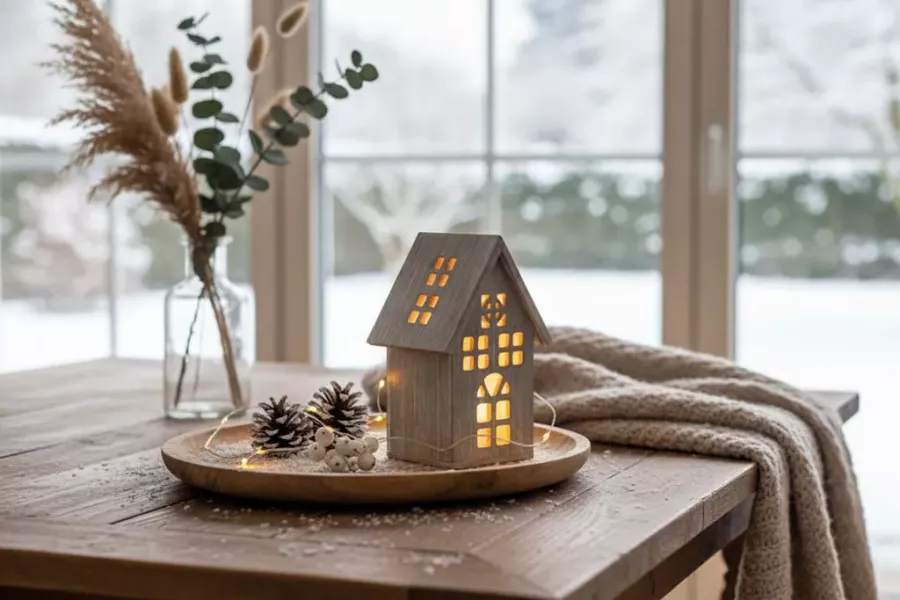 Skandinavisches Lichthaus aus Holz – perfekte Tisch- oder Fensterbankdeko.