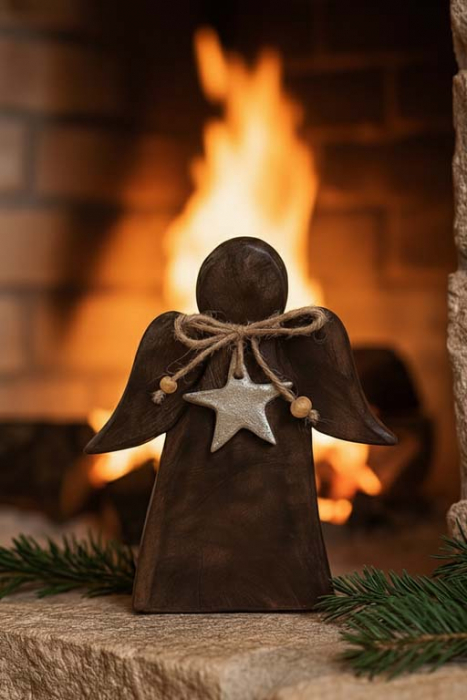 Preview: Rustikaler Engel aus Mangoholz in Braun für stilvolle Tischdeko