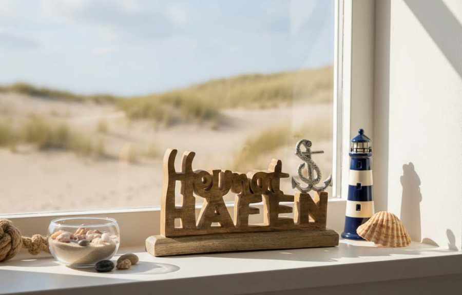 Preview: Maritimer Heimathafen Schriftzug als Aufsteller – dekorative Holz-Metall Deko für Regal, Fensterbank