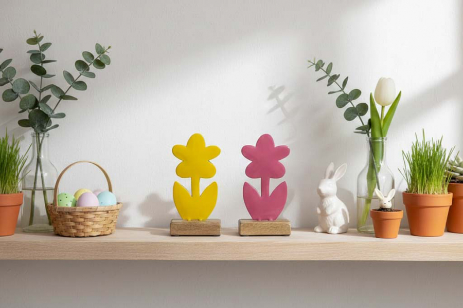 Preview: Dekorative Holzblume in Gelb für moderne Wohnaccessoires