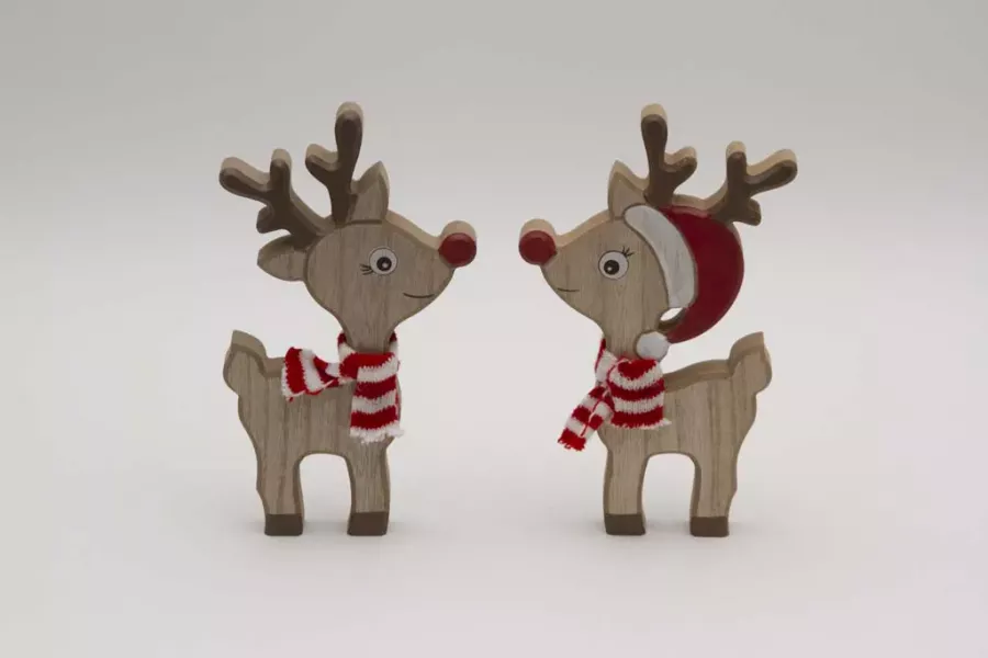 Preview: Holz Rentier Figur mit Schal und roter Nase als Weihnachtsdeko jetzt kaufen