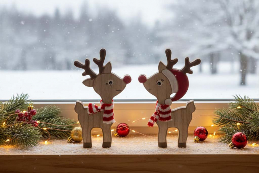 Preview: Niedliche Rentier Holzfigur mit roter Nase für Winterdekoration bestellen