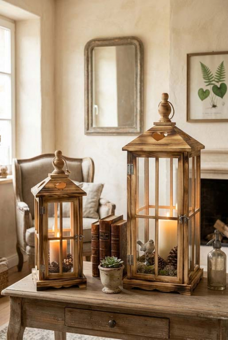 Preview: Große und kleine Dekolaterne aus Holz mit Glaseinsatz und Kerzenlicht für stimmungsvolle Wohnzimmer Deko bestellen