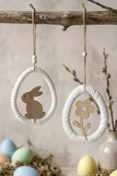 Minimalistischer Osterei-Anhänger aus Holz mit weißem Garn umwickelt und einer Osterhasen-Silhouette in der Mitte