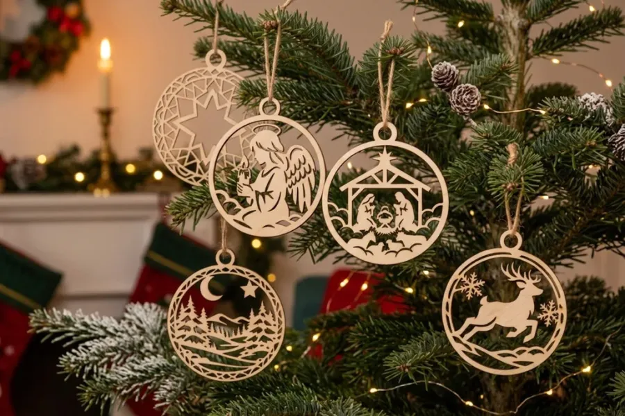 Holz-Weihnachtsanhänger Set – 5 gelaserte Sperrholz‑Ornamente am Weihnachtsbaum