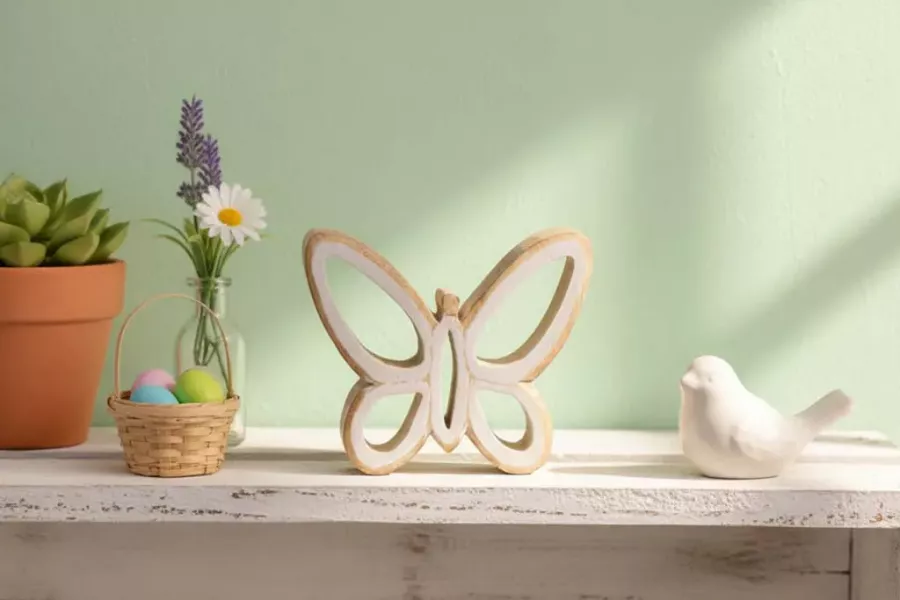 Weiße Schmetterling Deko aus Mangoholz im Vintage Stil für Wohnzimmer und Regal
