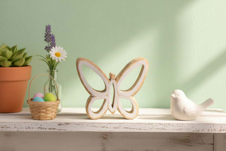 Preview: Weiße Schmetterling Deko aus Mangoholz im Vintage Stil für Wohnzimmer und Regal