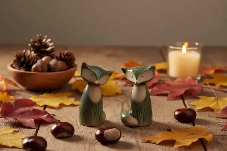 Dekorative Fuchsfiguren aus Steingut in Grün für Regal und Sideboard
